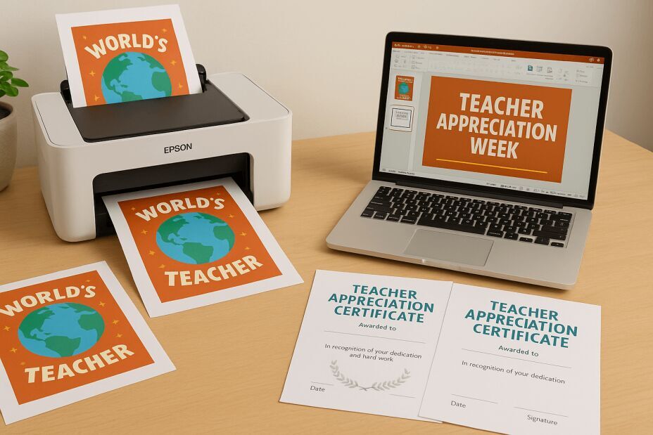 A clean, well‑lit workspace featuring a printer outputting colorful “World’s Best Teacher” posters, laid out alongside printed certificate sheets and a laptop displaying an editable PowerPoint slide template.