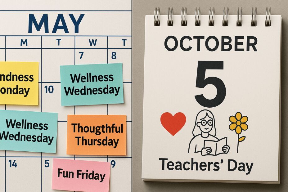 A close-up of a calendar with May 6 and October 5 circled in bright colors. Reinforces the key teacher appreciation day date and teachers day date milestones 