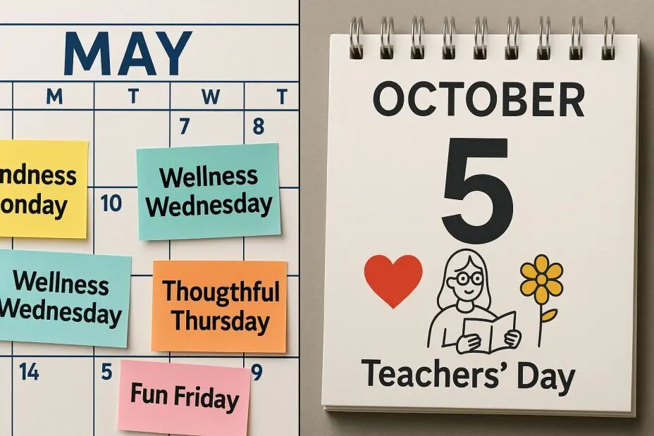 A close-up of a calendar with May&nbsp;6 and October&nbsp;5 circled in bright colors. Reinforces the key teacher appreciation day date and teachers day date milestones 