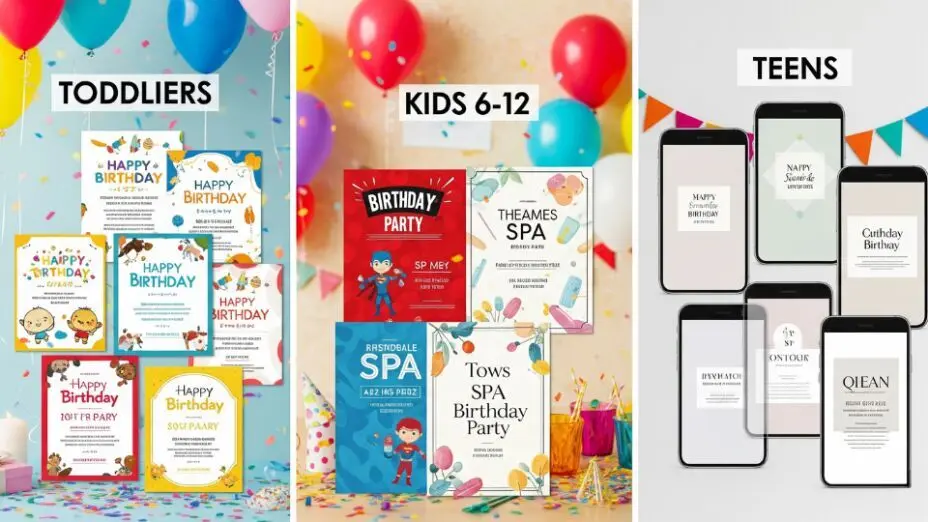 Age-appropriate birthday invitations for kids and teens with toddler, child, and teen designs shown in one image