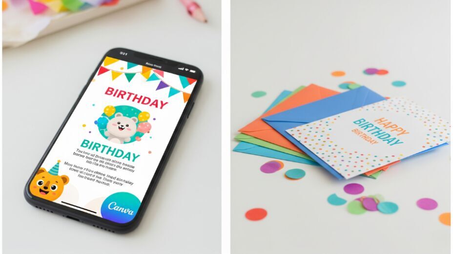 Comparison of digital teen birthday invites and printed kids party invitations side-by-side