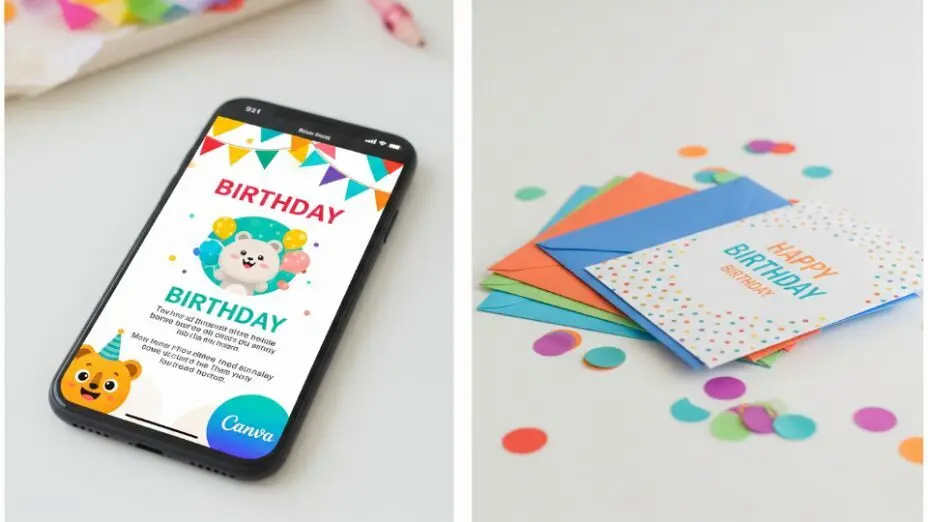 Comparison of digital teen birthday invites and printed kids party invitations side-by-side