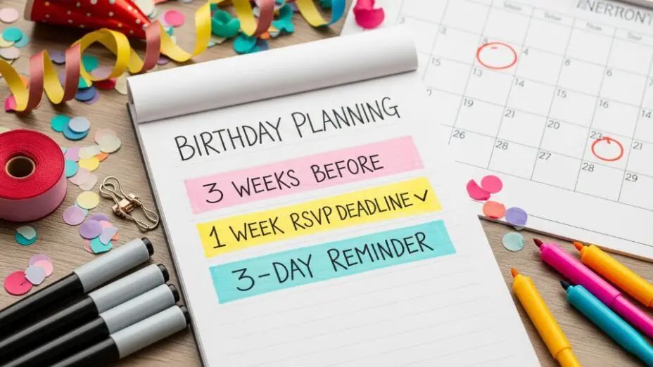 Birthday party invitation timeline showing when to send invites and set RSVP deadlines for kids’ parties