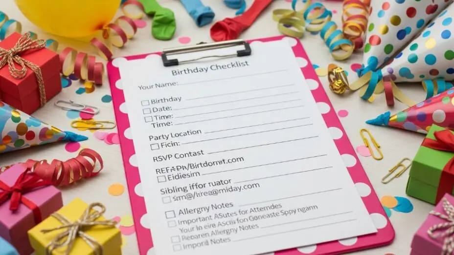 Birthday invitation checklist for parents showing what to include on kids party invites