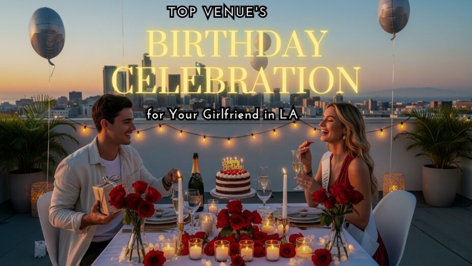 Romantic rooftop birthday dinner in Los Angeles with a young couple celebrating at sunset, surrounded by candles, string lights, a birthday cake, and skyline views.