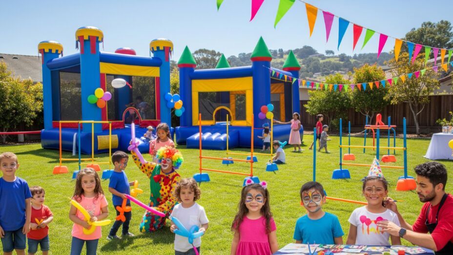 Active birthday party for kids in San Jose with bounce houses, clown performances, and obstacle courses – perfect entertainment for younger children.