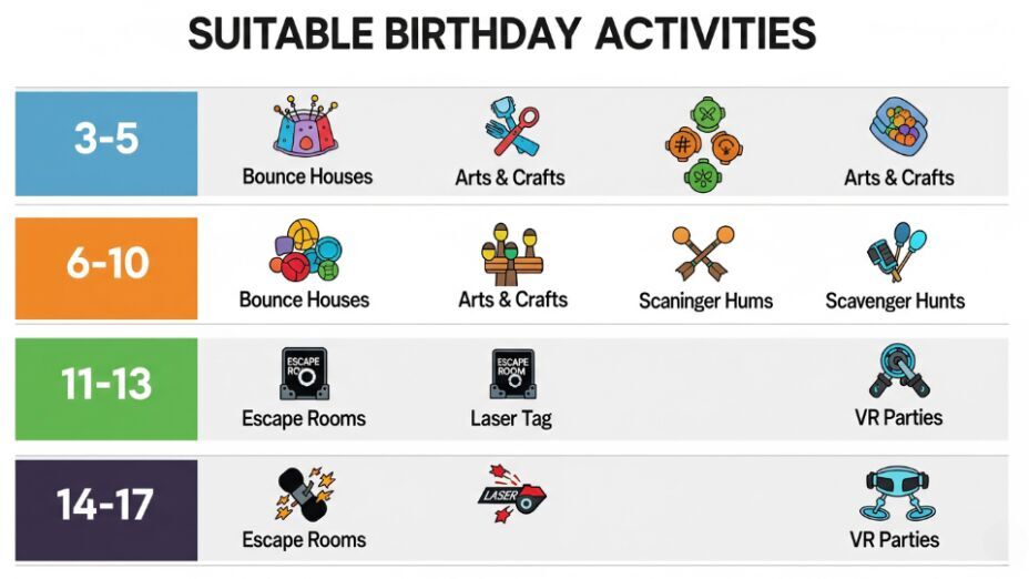 Visual birthday party entertainment ideas by age group and personality in the Bay Area – infographic format for parents planning events.