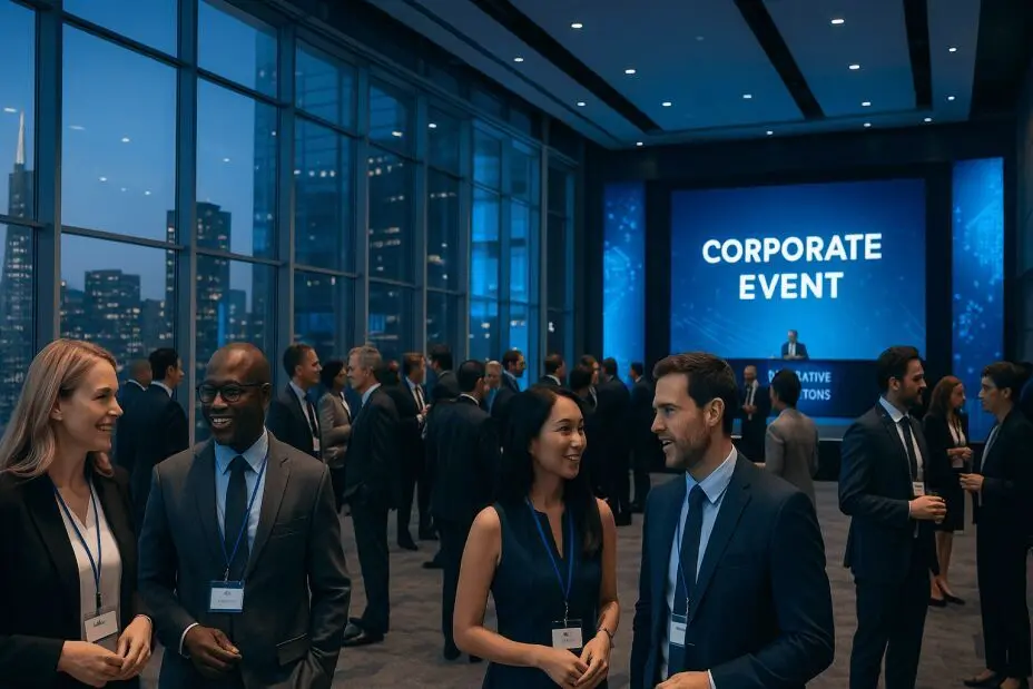 A modern corporate networking event inside a sleek San Francisco venue, featuring diverse professionals in formal attire engaging in conversation. The space includes large floor-to-ceiling windows showcasing the city skyline, digital signage displaying “Corporate Event,” LED screens, and a keynote speaker on stage.