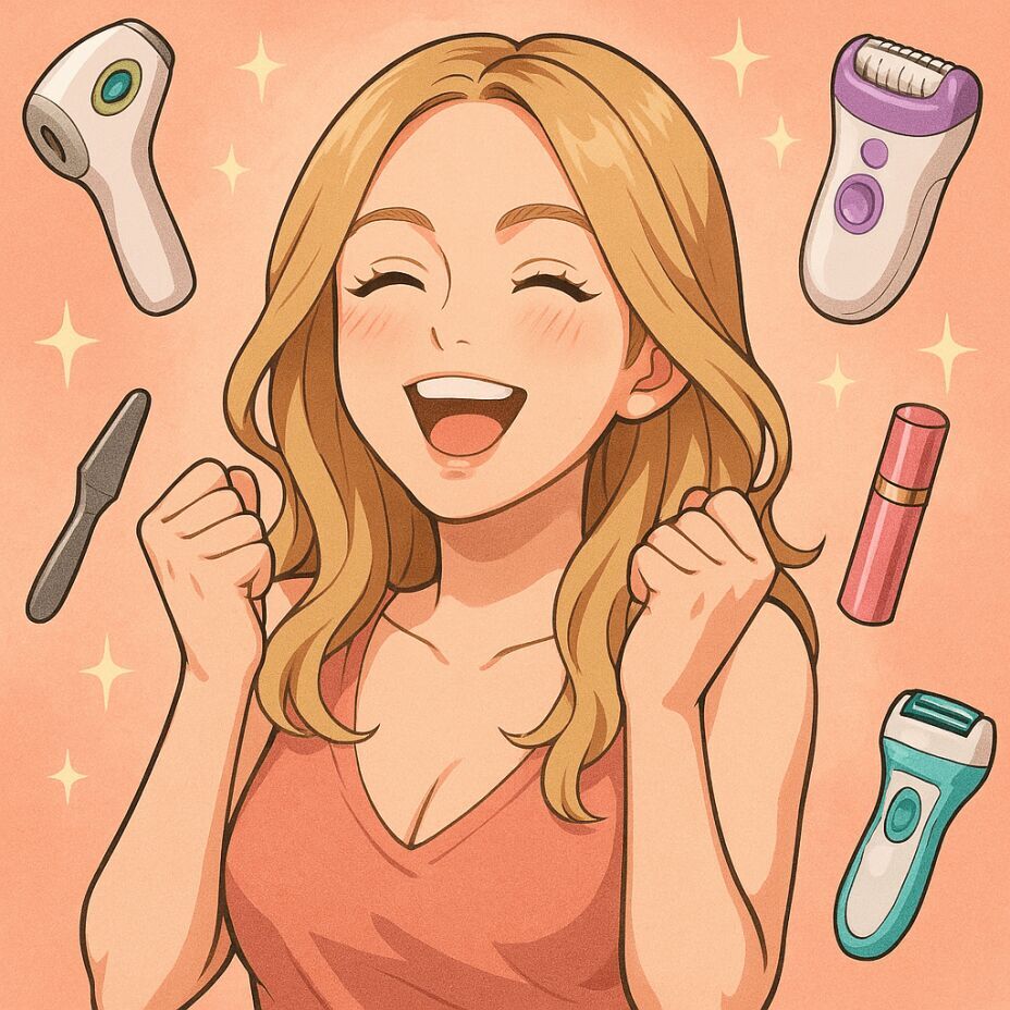 illustration of a girl celebrating her smooth skin with a range of beauty tools around her.