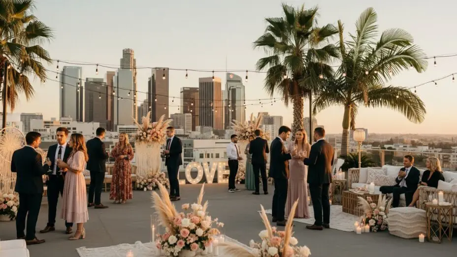 “Romantic rooftop engagement party in Los Angeles at sunset with city skyline views, elegant guests, string lights, boho floral decor, and palm trees — perfect setting for celebrating love.”