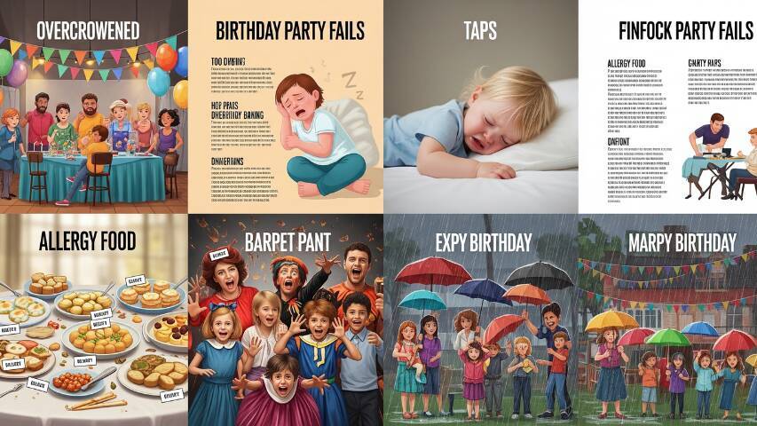A collage of birthday party mistakes, including a crowded room, a crying toddler, untouched food on the table, stressed parents, and rain ruining an outdoor party setup without a backup plan.