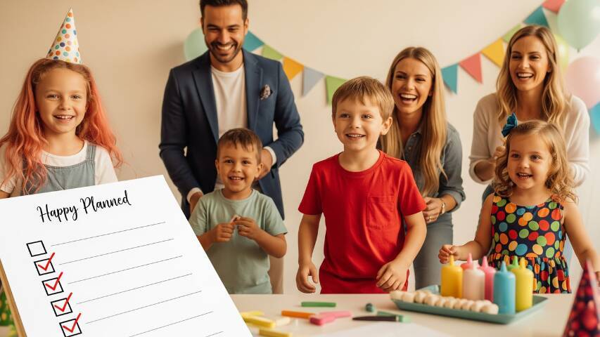 Smiling kids enjoying a well-organized birthday party with colorful but minimal decorations, while parents watch happily and a completed planning checklist lies on a table in the foreground.