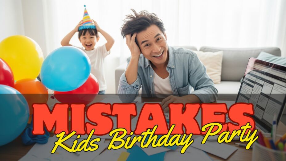 A parent sitting at a kitchen table, surrounded by birthday party planning materials like balloons, invitations, and a laptop, looking thoughtfully at a checklist while a happy child plays nearby.