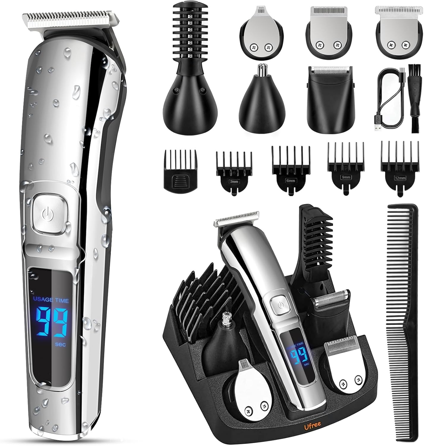 Ufree Beard Trimmer for Men, Waterproof Electric Razor for Nose, Body, Face & Mustache, Cordless Hair Clippers Shavers Grooming Kit