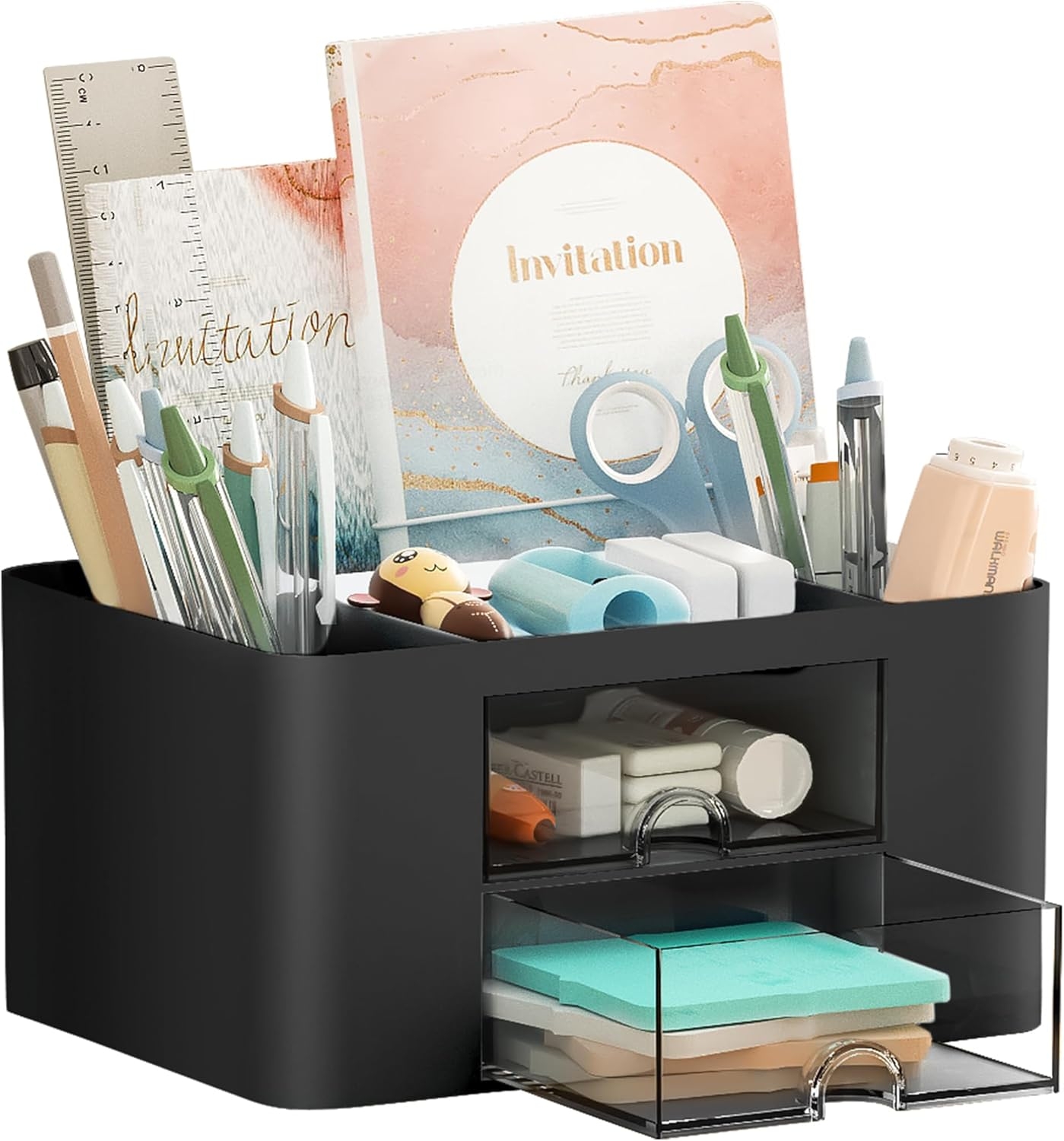 Marbrasse Pen Organizer with 2 Drawer, Multi-Functional Pencil Holder for Desk, Desk Organizers and Accessories