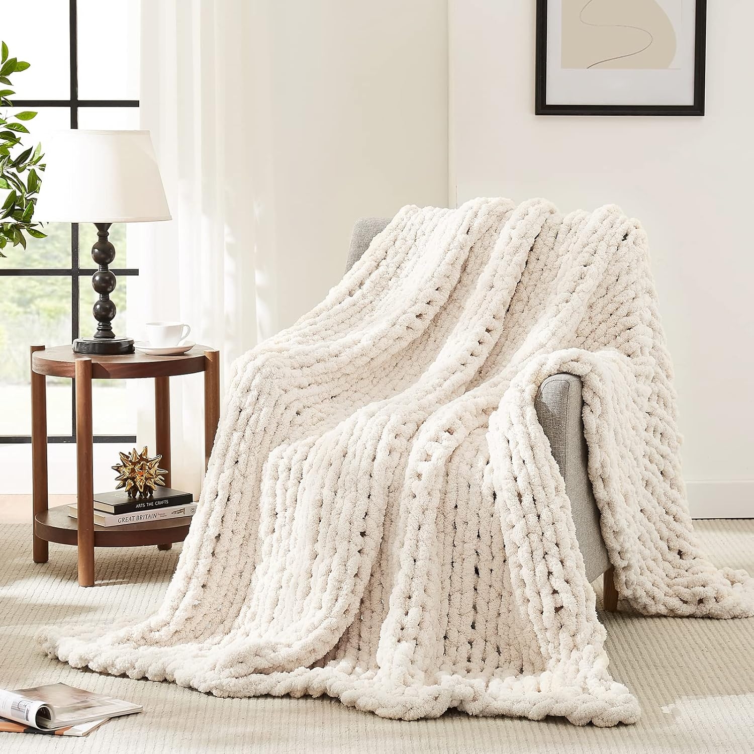 L'AGRATY Chunky Knit Blanket Throw,Soft Chenille Yarn Throw 50x60