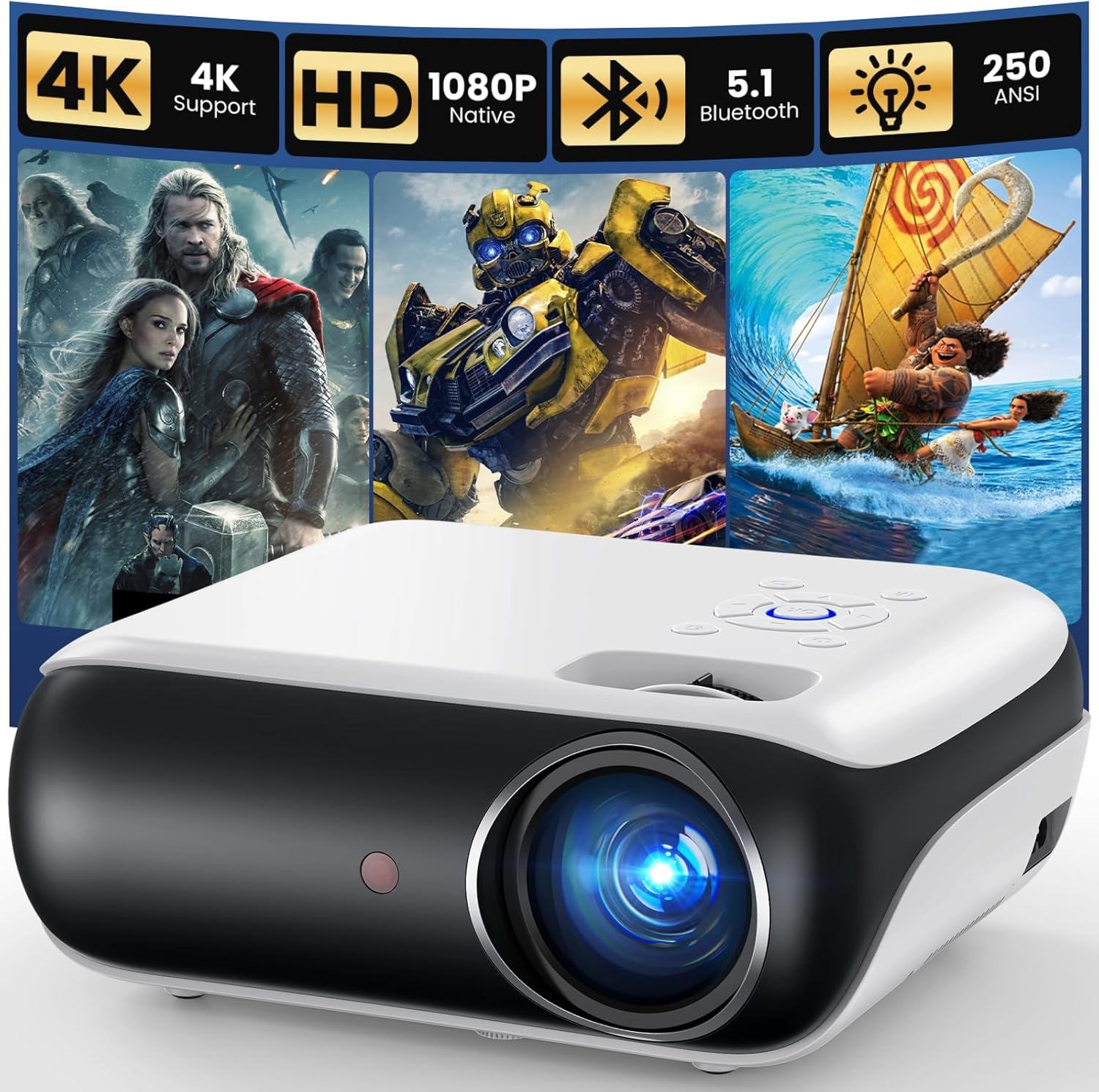 HAPPRUN Native 1080P Bluetooth Mini Projector, Full HD