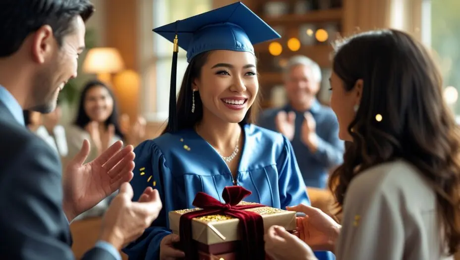 A 2025 graduate in a cap and gown receiving a thoughtful graduation gift from a loved one