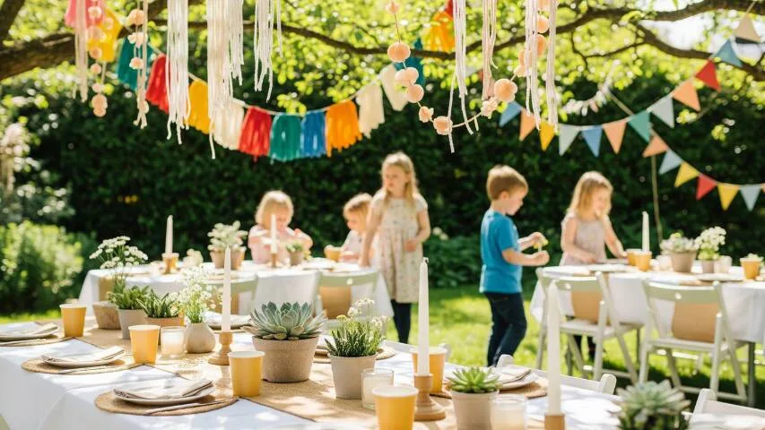 Eco-friendly kids birthday party setup with fabric banners, recyclable decorations, and potted plants used as zero waste party decor in the Bay Area.
