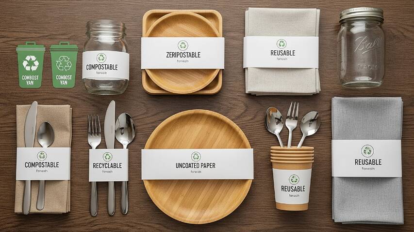 Zero waste birthday party table featuring bamboo plates, stainless steel cutlery, and eco party supplies from Bay Area vendors.