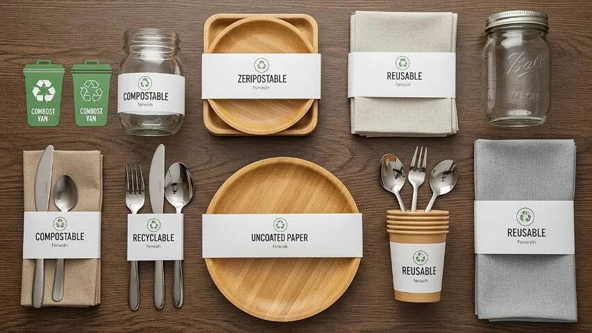 Zero waste birthday party table featuring bamboo plates, stainless steel cutlery, and eco party supplies from Bay Area vendors.