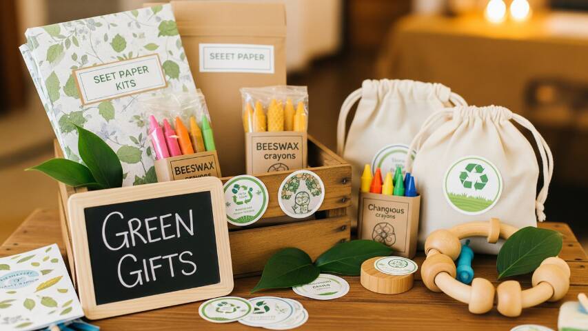 Compostable party favors for kids including seed kits, beeswax crayons, and bamboo toys arranged for an eco-friendly birthday celebration.