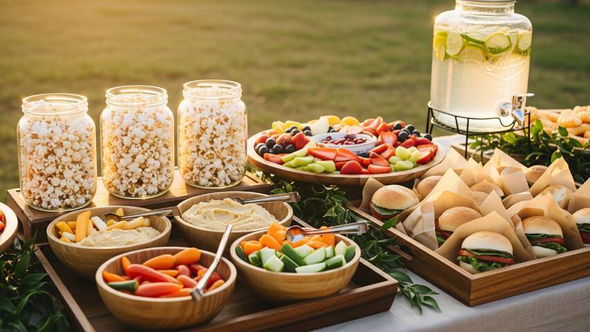 Sustainable kids birthday party snack table with fresh fruits, homemade popcorn, and reusable serving containers, perfect for a zero waste celebration.