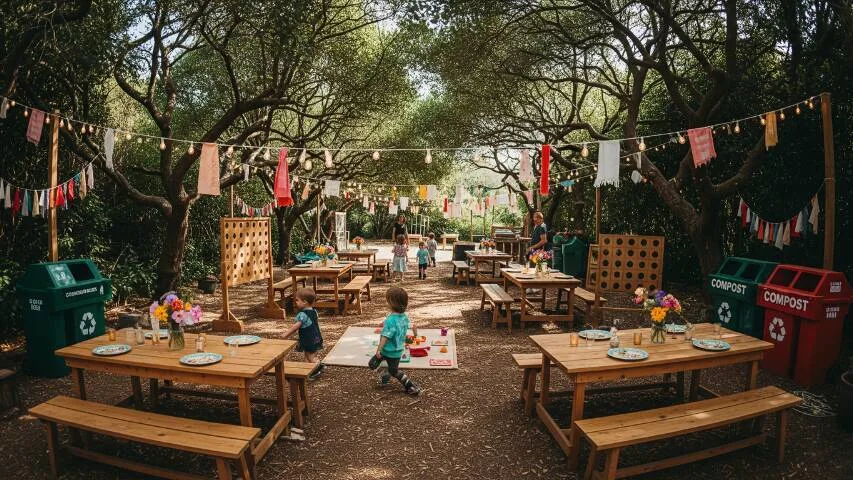 Sustainable birthday venue in San Francisco with compost bins, solar lighting, and green outdoor space for eco-friendly kids parties.