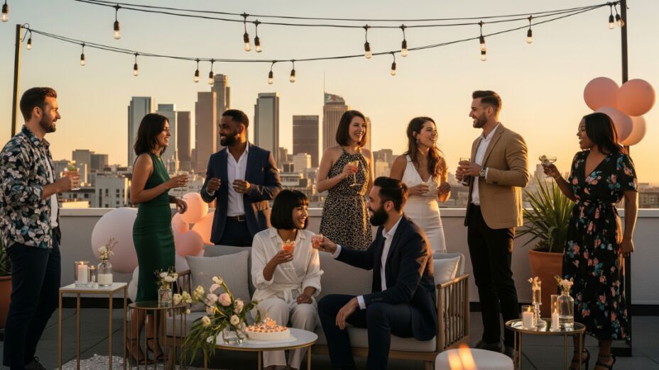 Adults celebrating a rooftop birthday party in Los Angeles at sunset, holding drinks, surrounded by string lights and city skyline — elegant, modern outdoor setting.