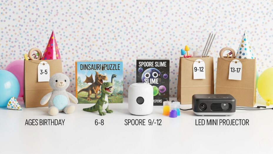 Flat lay of age-based birthday gift ideas and eco-friendly goodie bag fillers for kids and teens on pastel background