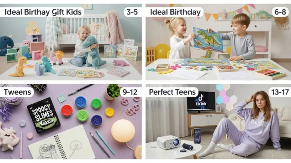 Collage of birthday gift ideas for ages 3 to 17 including plush toys, puzzles, slime kits, and tech gadgets