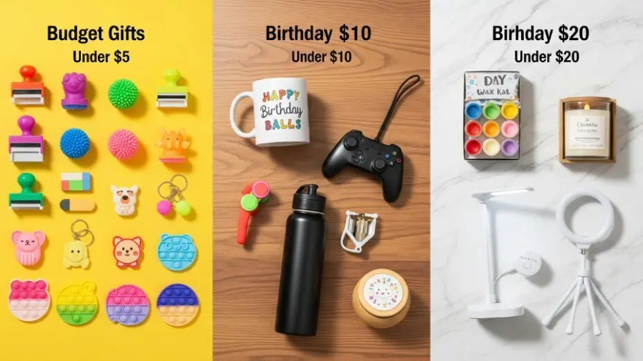 Budget birthday gift ideas organized by price under $5, $10, and $20 including puzzles, mugs, and LED gadgets