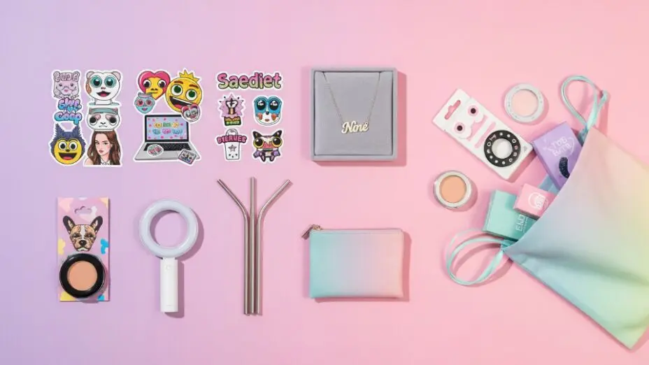 Trendy teen goodie bag ideas with laptop stickers, LED selfie light, reusable straws, and custom name jewelry