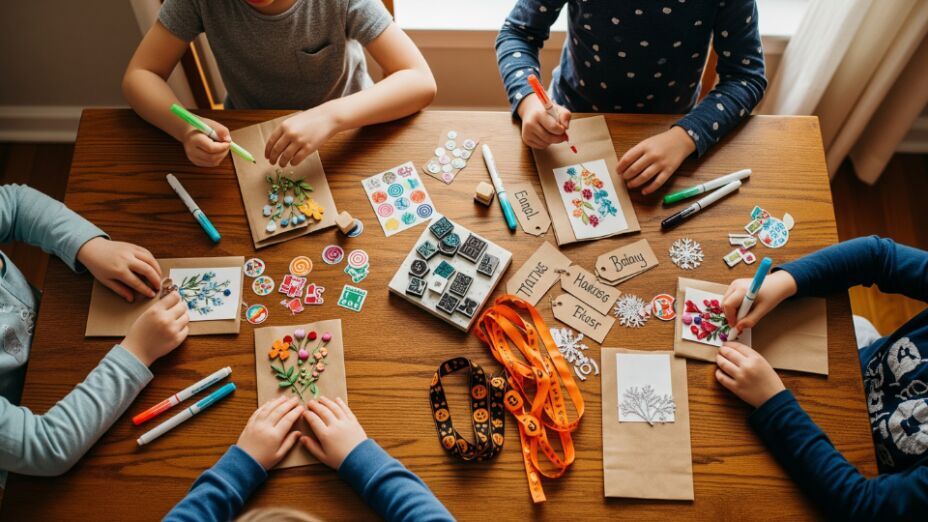 DIY goodie bag decorating with kids using markers, seasonal ribbons, and custom Etsy-style name tags