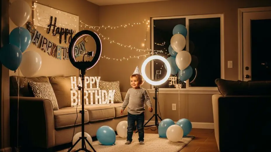 Child standing under a DIY ring light setup during a home birthday party in San Jose — practical indoor lighting tips for parents using smartphone or camera in the Bay Area.