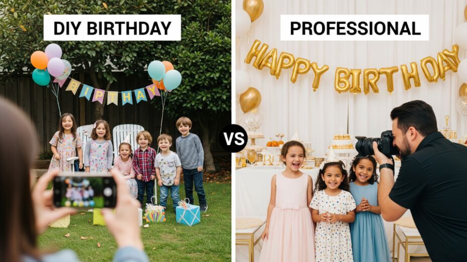 Side-by-side comparison of DIY birthday photography using a smartphone vs. professional photographer with DSLR at a party in the Bay Area — helping parents choose the right memory-capturing method.