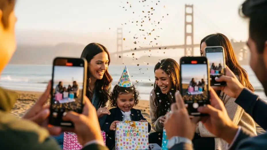 Parents filming birthday party videos on the beach at Crissy Field with a view of the Golden Gate Bridge — creative party video ideas for Bay Area celebrations.
