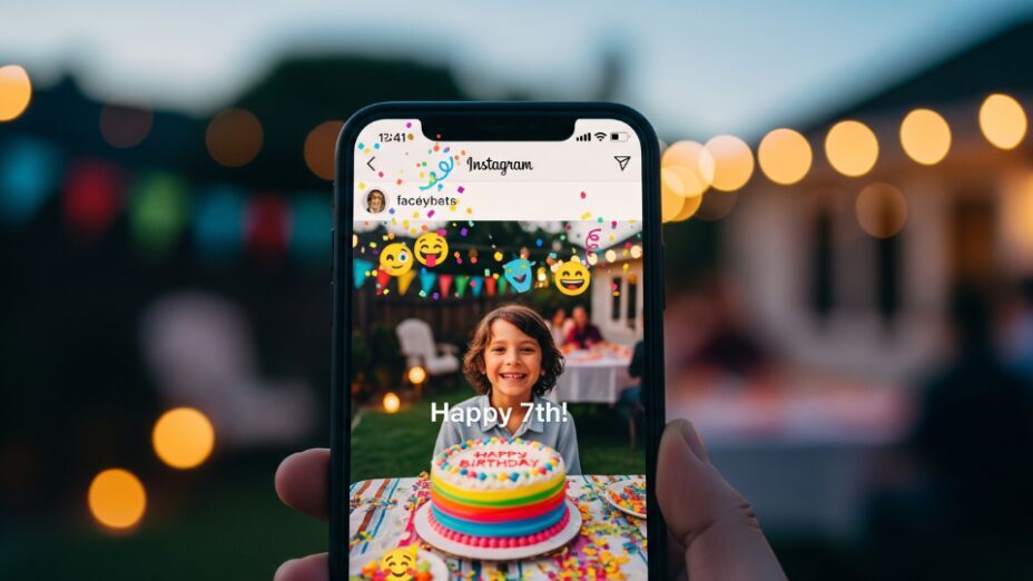 Smartphone screen showing an Instagram birthday story with a smiling child and festive caption — modern social sharing tips for birthday photos and videos in San Jose and San Francisco.
