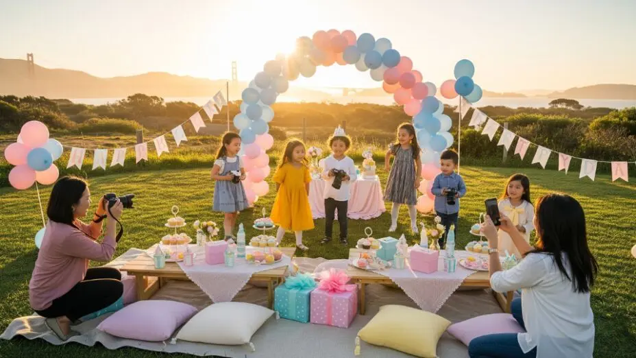 Professional kids birthday photo shoot in Golden Gate Park, San Francisco, with balloon decorations, green lawn, and golden hour lighting — ideal photo zone for birthday photography in the Bay Area.