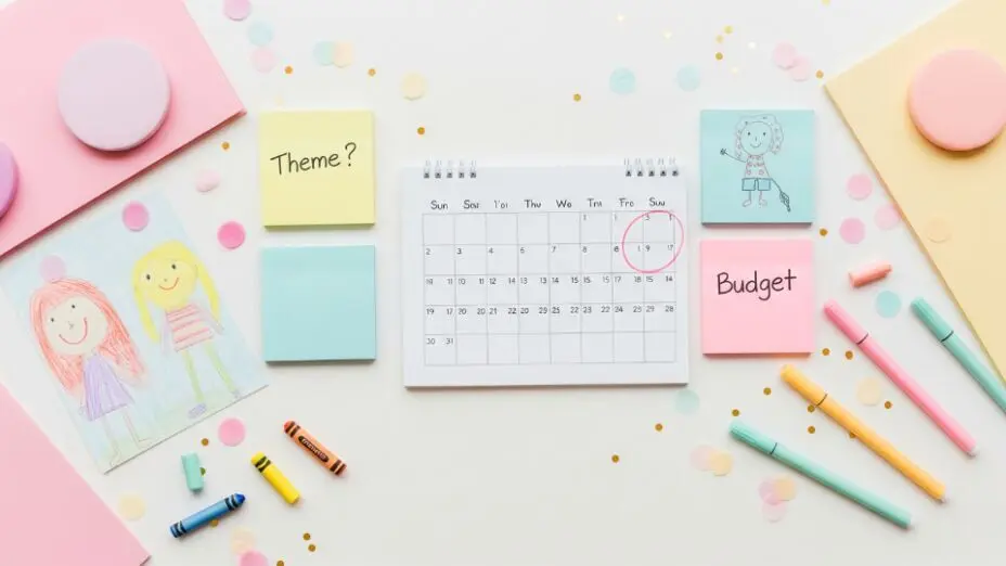Flat-lay of calendar with circled party date, sticky notes for theme and budget, and child’s crayon drawing.