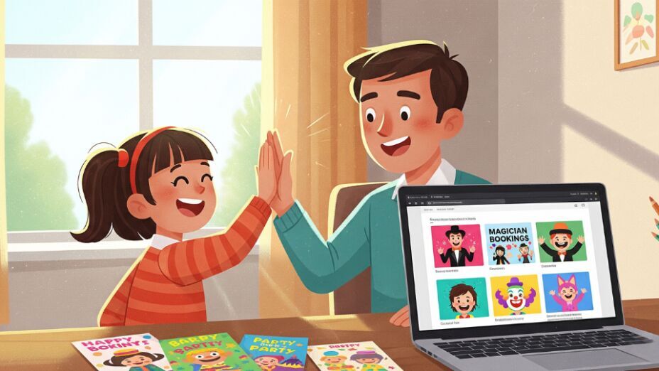 Parent and child high-five in front of laptop showing magician and clown booking options.