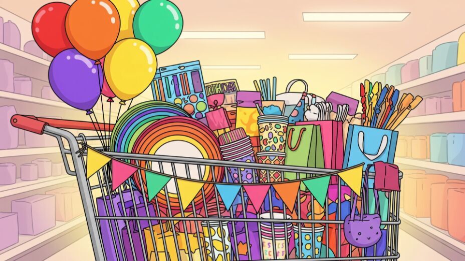 Shopping cart overflowing with rainbow plates, balloons, banners, and goody bags in party-supply aisle.