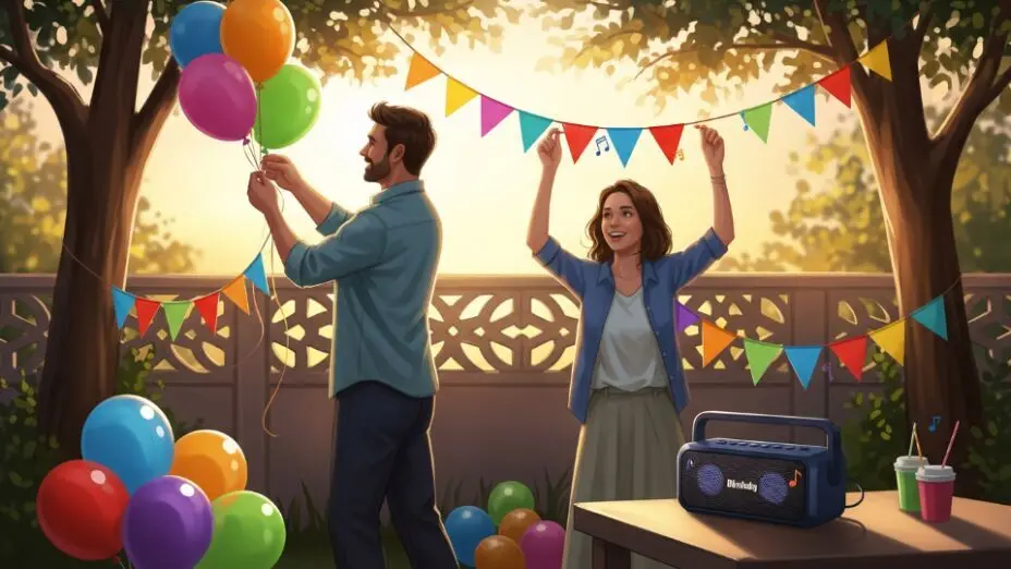 Parents decorating backyard with bunting and balloons at golden hour, setting up speaker.
