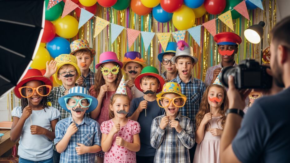 Children cheering around birthday cake with lit candles as confetti bursts in the air.