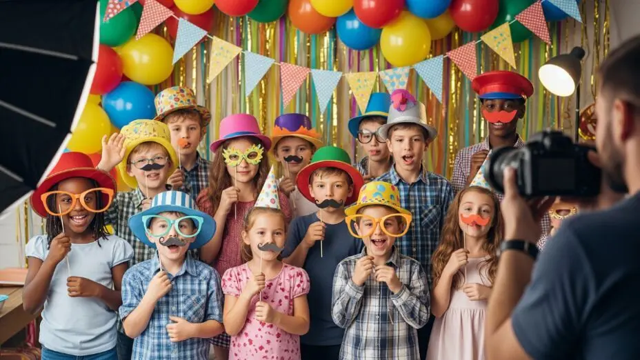 Children cheering around birthday cake with lit candles as confetti bursts in the air.