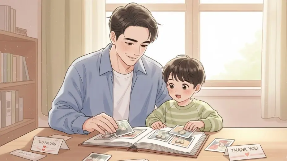 Parent and child under warm lamp assembling photo album with thank-you cards scattered on table