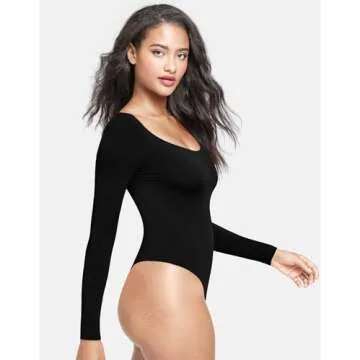 NEWVISISTER Women's Scoop Neck Long Sleeve Bodysuit T-shirt Tops Classy Collection, Black, Small