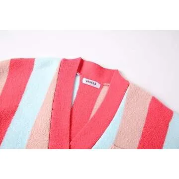 JASCLS Winter Long Sleeve Cable Knitted Color Block Boho Sweater Cardigans Chunky Sweater Cardigans for Women Rose Pink