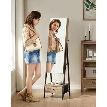 SONGMICS LED Mirror Jewelry Cabinet Standing, Lockable Jewelry Armoire with Full-Length Mirror, Spac...