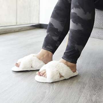 Dearfoams womens Jessica Furry Cross Band Slide Slipper, Alabaster, Small US